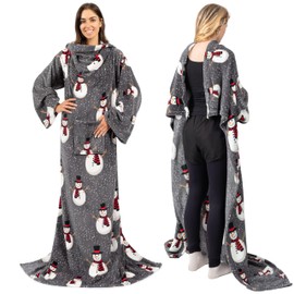 PAVILIA Wearable Blanket with Sleeves for Adult Women Men, Cozy Fleece Warm Wrap Throw Blanket with Arms, Pocket, Gifts for Christmas, Wife, Snowman