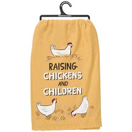 Primitives by Kathy Decorative Kitchen Towel, Raising Chickens and Children Sentiment in a Hand Illustrated Homestead Style, Fun Design