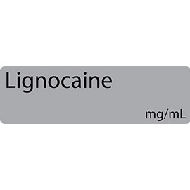 Lignocaine Anesthetic Syringe Labels - Box of 800 Labels on Roll (1" core). 12mm x 40mm (Approx 0.5" x 1.5"). Latex-Free Permanent Adhesive. Printed in Australia by Specialist Medical Printer