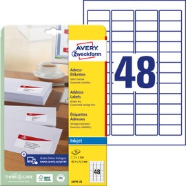 Avery Zweckform J4791 Paper Matt Address Labels 45.7 x 21.2 mm 25 Sheets White Pack of 1200