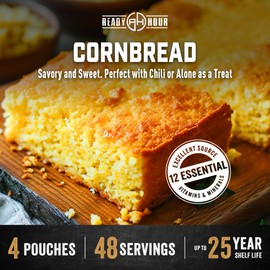 Ready Hour Cornbread Case Pack – Freeze-Dried Emergency Food, Shelf-Stable Survival Snack, Long Shelf Life, Quick Prep Camping Meal – 48 Servings (4 Pouches)