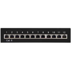 Goobay 69307 CAT 6 Patch Panel 12 Port / RJ45 Buchsen Netzwerkstecker / 250 MHz LAN Patchfeld / 1 HE Verteilerfeld / Mini Desktop Patchpanel Wandmontage / Schwarz