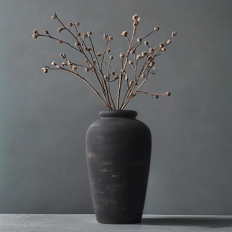 Large Ceramic Rustic Vase, 11" Black Terracotta Farmhouse Flower Vase,