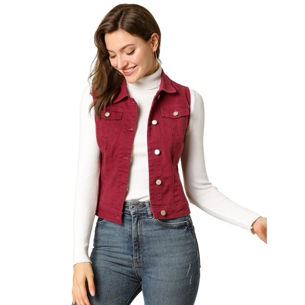 Allegra K Women's Buttoned Washed Denim Vest Jacket W Chest