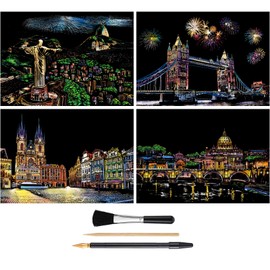 Rainbow Scratch Art Painting Paper (A4) for Kids & Adults, DIY Night View Scratchboard, Engraving Art Set: 4 Sheets Scratch Cards & Drawing Pen, Clean Brush (Tower Bridge/Italy/Brazil/Prague)