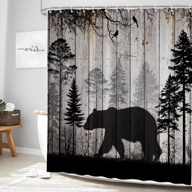 Fall Bear Shower Curtain Rustic Lodge Cabin Wildlife Pine Tree Autumn Forest Wild Animal Hunting Adventure Camping Country Farmhouse Vintage Abstract Polyester Bathroom Decor Set with Hook 70Wx70H in