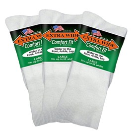 Extra Wide Lightweight Cotton Crew Comfort Fit Dress Socks (Pack of 3) Made in the USA (White - Large)