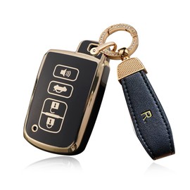 SANRILY Soft TPU Golden-Edge Key Fob Cover for Toyota Highlander RAV4 Camry Corolla Avalon Tocoma Tundra Keyless Full Protection Key Case Shell with Leather Keychain Black