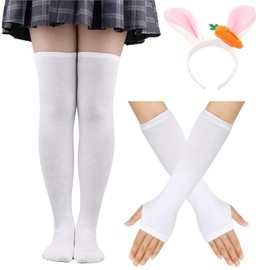 FOSDICK White Thigh High Socks Fingerless Gloves Set, Long Stockings For Women Girls Over The Knee Plain Socks Easter Bunny Costume with Bunny Ears Headband Cosplay Accessories Costumes