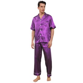 TeJoyce Mens Silk Pajama Set, Short Sleeve Pjs Sets Sleepwear Button Down Loungewear with Long Pants Purple