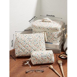 Floral Pattern Quilted Makeup Bag,  Large Travel Cosmetic Bag Polyester Portable Handheld Pouch Zipper Toiletry, for Living Room Floral - Color: Hot Pink, Size: S