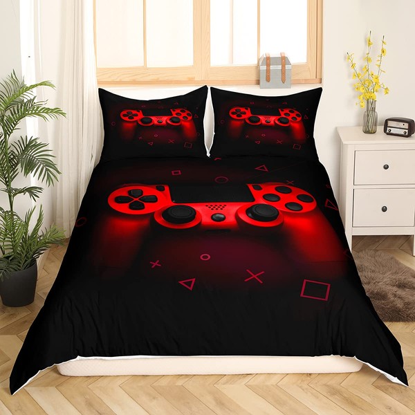 Games Duvet Cover for Boys,Gaming Comforter Cover Full,Cool Gamepad Bedding Set Kids Teen Game Room Decor Bed Cover,Video Game Controller,Modern Gradient Soft Red Black Bedclothes with Zipper