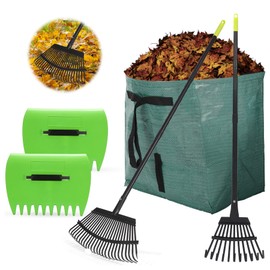 2 PC Adjustable Rake for Leaves, 25+11 Tines Metal Leaf Rake Heavy Duty, Garden Rakes, Yard Rakes Set with 39 Gallon Leaf Bag, Leaf Grabbers, Gloves for Lawn Care, Gardening Cleanup, Outdoor Camping