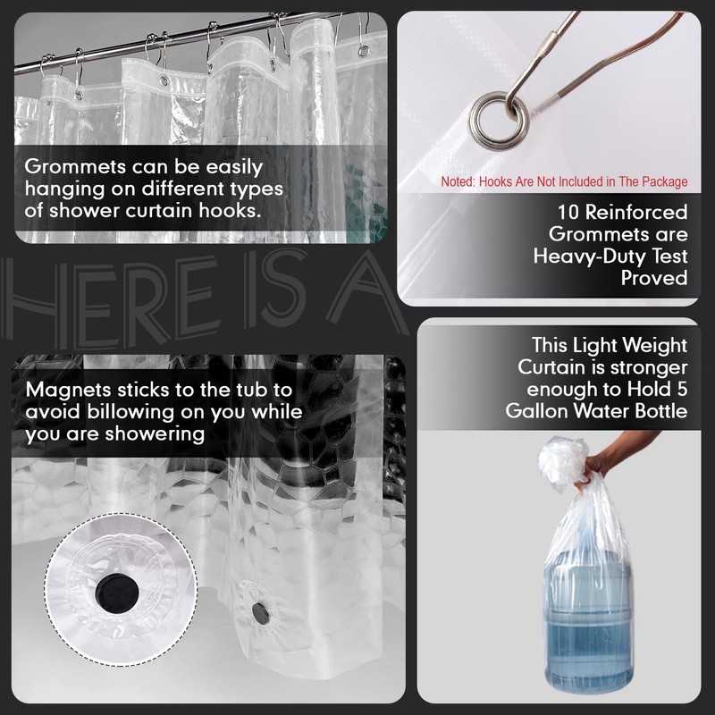 Hereisa 3D Water Cube Shower Curtain Liner (Clear, Narrow |