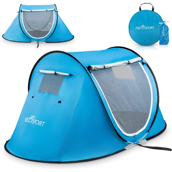 Abco Pop-Up Tent and Automatic Instant Portable Cabana Beach, Pop Up Tents for Camping, Small Tent - For 2 People - 2 Doors - Water-Resistant, UV Protection Sun Shelter with Carrying Bag (Sky Blue)