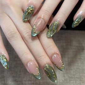 EYZOTSF Press on Almond Nails Medium Length Glossy Full Cover Acrylic Almond Shaped False Nails with Designs Artificial Fake Nail with Charms Stick ons Fingernails for Women Girls(K1197)