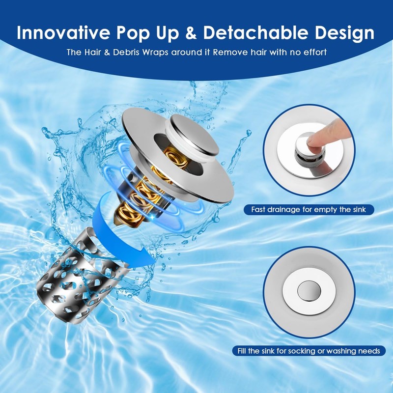 Bathroom Sink Stopper with Hair Catcher, Universal Pop-Up Drain Strainer