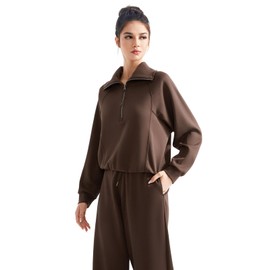SUUKSESS Women 2 Piece Lounge Matching Sets Wide Leg Sweatpants Half Zip Oversized Sweatshirts (Petite-Dark Brown, M)
