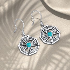 Genuine Turquoise Dangle Cross Earrings for Women 925 Sterling Silver Gemstone Celtic Knot Earrings Western Bohemian Jewelry Gift for Her Wife Mom