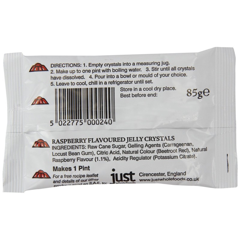 Raspberry Jelly Crystals with Sugar (Just Wholefoods) 12x85g