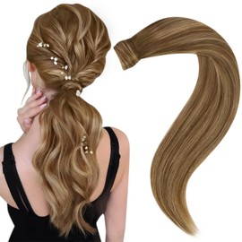 Easyouth Braid Hair Extensions, Wrap Around Real Hair Braid Extensions, Medium Brown Mix Honey Blonde and Medium Brown, Clip-In, Ponytail, 70 g, 30 cm, #4/27/4