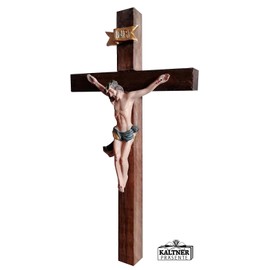 Kaltner Präsente Geschenkidee: 15 cm Wandkreuz Kruzifix aus Holz Fichte nussbaum farbig gebeizt - Handgemalte Jesus Christus Figur aus hochwertigen Kunstguss aus Resin – Dekoration