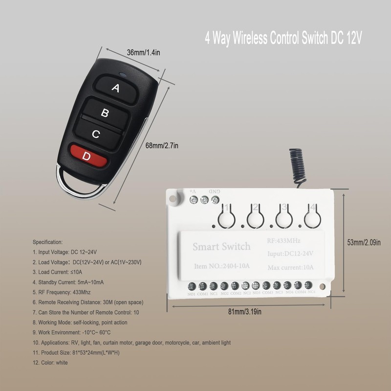 GUIRUIMOON 4 Way Remote Wireless Switchs, Wireless Relay Switch, 12V