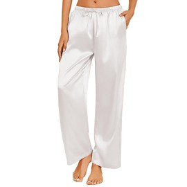 Ekouaer Womens Silk Satin Pajama Pants Casual Loose Lounge Pants Drawstring Elastic Waist Wide Leg Pj Bottoms with Pockets, White, Small