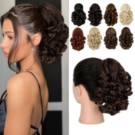 Cephermer Ponytail Extension, 9" Claw Clip in Short Curly Wavy Pony Tails Hair Extensions Jaw Clip on Ponytail Hairpiece for Women Medium Brown Mix Light Brown