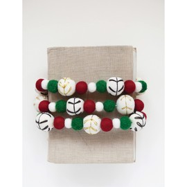 Creative Co-Op Wool Felt Ball Garland with Embroidery, Natural, Red, and Green