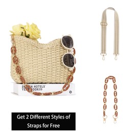 Herald Small Handmade Straw Crossbody Bag for Women, Summer Chic Woven Handbag Shoulder Purse with Chain & Guitar Strap (Beige)