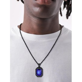 ChainsHouse Rune Necklace for Men Women Stainless Steel Necklace with Onyx/Ruby/Emerald/Sapphire Stone Viking Rune Pendant Protection Amulet Fashion Jewellery for Men Women, Stainless Steel, Sapphire
