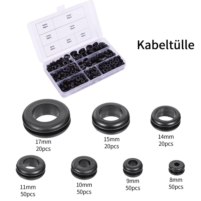 luckaide Pack of 260 Rubber Cable Grommets, Black Rubber Grommets,
