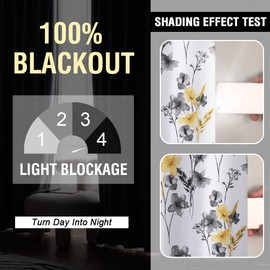 H.VERSAILTEX 100% Blackout Curtains 108 inch Length 2 Panels Set Cattleya Floral Printed Drapes Leah Floral Thermal Curtains for Bedroom with Black Liner Sound Proof Curtains, Grey and Yellow