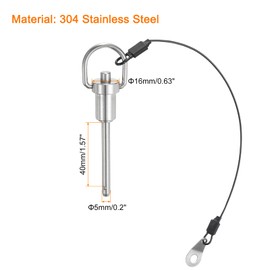 sourcing map Ball Locking Pins with Button Handle, 5mm Pin Dia. 40mm Usage Length Push-Button Quick Release Pin with Lanyard Cable, 304 Stainless Steel