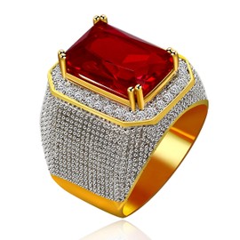 Uloveido Men Gold Plated Emerald Cut Red Crystal Wide Wedding Engagement Band Ring Cubic Zirconia Rings Fashion Wedding Jewelry Birthday Presents for Dad Father Husband (Size 11) RA408