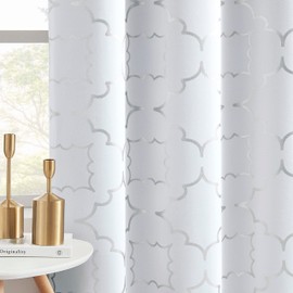 Purainbow White Blackout Curtain Panels for Bedroom 84" Silver Foil Moroccan Metallic Print Energy Efficient Drapes for Bedroom Living Room, Thermal Insulated Window Treatments Grommet Top 2 Panels