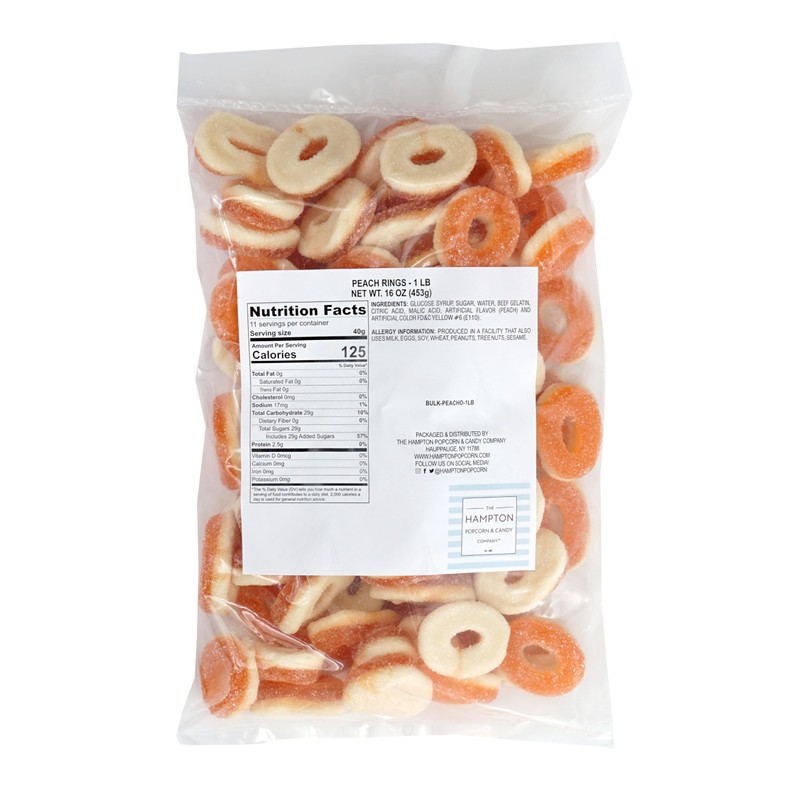 Peach Rings, 1 Pound Gummy Peach Rings Candy Bag, Peach