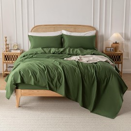 Yibeizi Green 100% Washed Cotton Linen Feel Sheet Set Full Size, 4 Pieces Deep Pocket Bed Sheets Soft Breathable Hotel Bedsheets