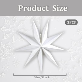 Konoz 30 cm Paper Stars Christmas Pack of 3 Folding Stars Hexagonal Poinsettia Paper Star Decoration (White)