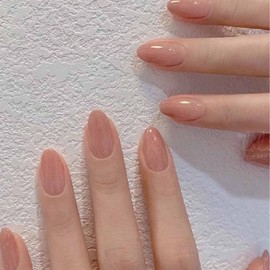 Kamize Almond Fake Nails Short Acrylic Press on Nails Full Cover Honey Peach False Gold Nails for Women and Girls 24PCS