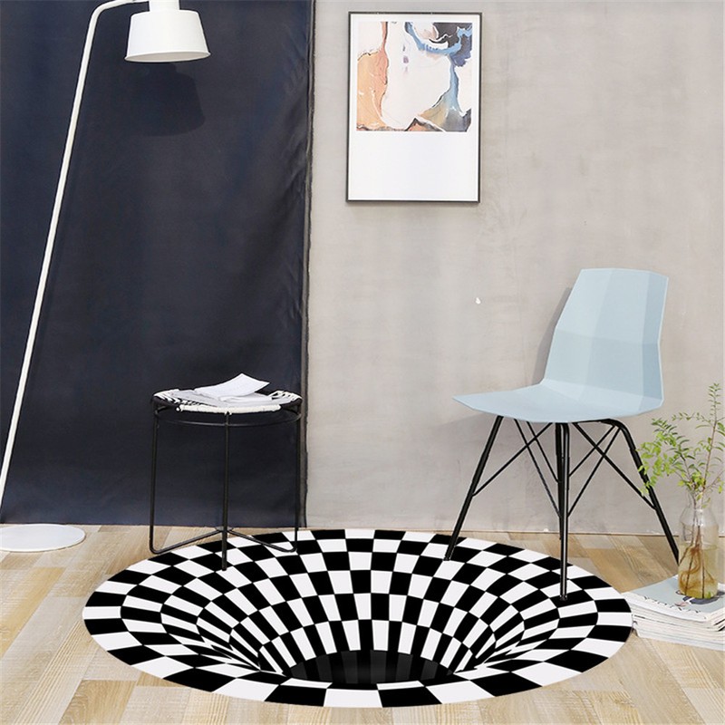 Round Black White Grid Carpet 3D Vortex Room Bedroom Anti