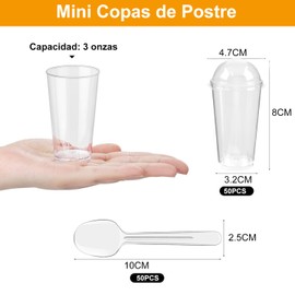 50 Vasitos para Postres de 3 onzas,Vasos para Postres con Tapa,Vasos para Postres Redondo,Cucharas de Tazas de Postre Redondo,con Tapas y Cucharas para Fiestas, Frutas,Helados,Pasteles (Redondo)