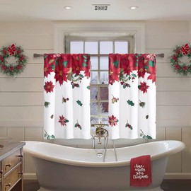 Christmas Curtains 36 Inch Length for Kitchen Window Set of 2 Pack Pocket Elegant Poinsettias Flower Farmhouse Green Red White Xmas Decor Blackout Short Curtain for Bathroom Door Small Windows