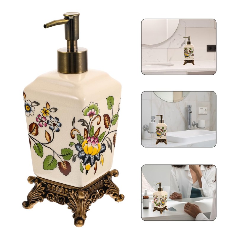 BESTOYARD Vintage Ceramic Soap Dispenser 340ML with Flower Printing Design,