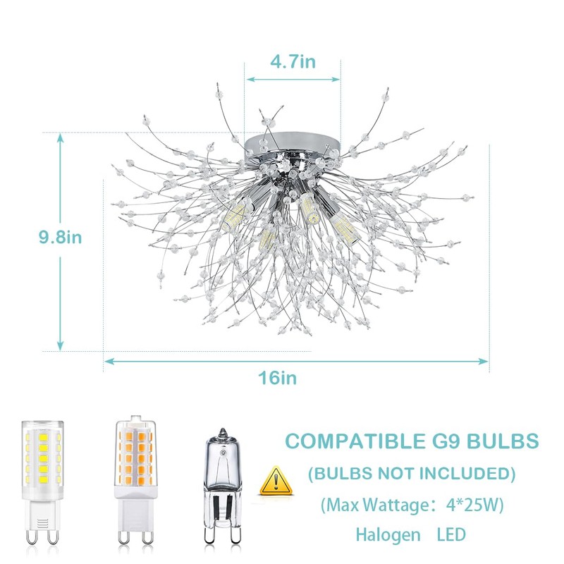HMVPL Chrome Crystal 4-Light Mini Firework Ceiling Light Fixture, Modern
