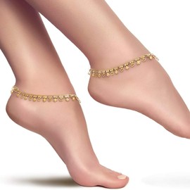 Duel On Jewel Gold Tone Plated Dainty Womens Indian Payal Bells Anklet Set For Everyday Party Beach Wear