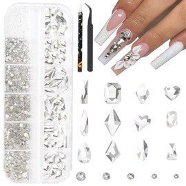 HNUIX Crystal White Nail Rhinestones Kit Flatback Crystal Clear Glass Gems Stones 1450Pcs Nail Art Gems Diamonds Jewels Multi Shapes Sizes Nail Charms Tweezer & Wax Pen for Nails DIY Faces Eyes Makeup