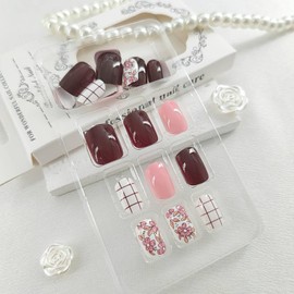 Autumn Press on Nails Short Square Fake Nails with Flower Lines Designs Pink Nails Press ons Glossy Glue on Nails Brown Acrylic Nails Full Cover False Nails White Stick on Nails for Women 24Pcs