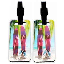 Flip-Flops on Beach Pink - Hardboard Luggage Identifier Tags with Straps (x2)